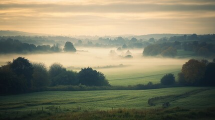 Fototapeta premium Countryside landscape in mist - Featuring atmospheric countryside landscapes shrouded in mist, creating a mysterious and ethereal mood, 