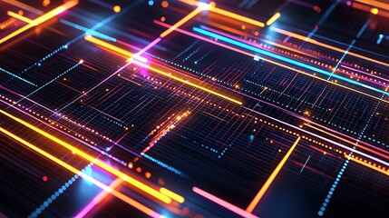 Fototapeta premium Futuristic digital grid pattern with vibrant neon lights for cyber-themed designs, top view, emphasizes technological advancement, cybernetic tone, split-complementary color scheme