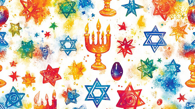 Colorful Hanukkah-themed decorations featuring menorahs and Stars of David