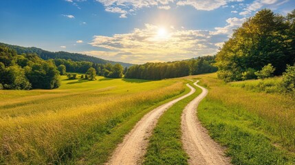 Fototapeta premium Countryside landscape with dirt roads - Showcasing rustic countryside landscapes where dirt roads meander through fields and forests, 