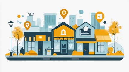 Obraz premium Local SEO benefits local business online marketing digital marketing search engine optimization SEO business marketing website customer location map pin city building shop store street illustration.