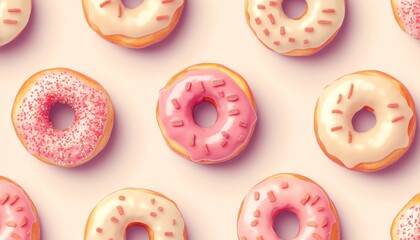 A seamless pattern of pink and white glazed donuts with sprinkles on a pink background.