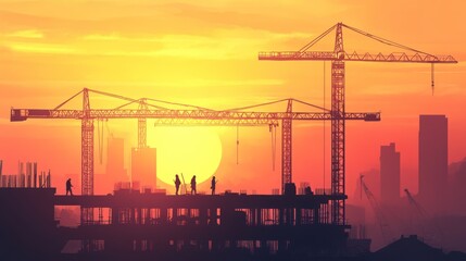 Obraz premium Creative background featuring a construction site with cranes and workers silhouetted against a sunset