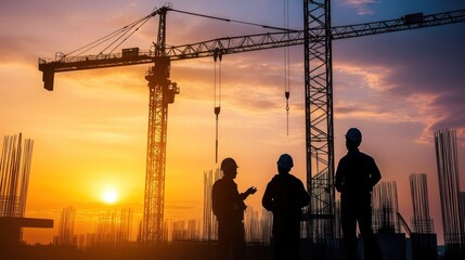 Creative background featuring a construction site with cranes and workers silhouetted against a sunset