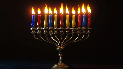 Fototapeta premium Colorful menorah with lit candles celebrating Hanukkah during a festive evening gathering