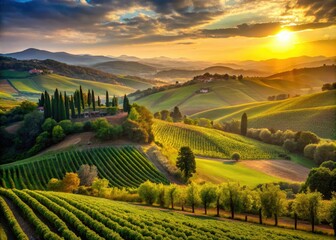 Fototapeta premium Experience a serene vintage Tuscany landscape, where rolling hills embrace lush green vineyards, all illuminated by the enchanting hues of a picturesque sunset.