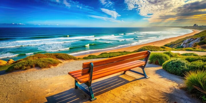 Experience peaceful moments at Esmoriz beach in Ovar, Portugal. The cozy bench invites relaxation and contemplation, perfect for embracing the soothing coastal ambiance.