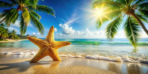 Fototapeta na wymiar Experience summer bliss with our tropical travel banner, featuring starfish on sandy beaches, palm trees swaying, and soothing ocean waves calling you to paradise.