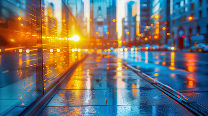Fototapeta premium City Street at Sunset with Reflections and Blurred Lights..