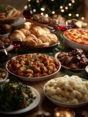 A beautifully arranged festive dining table filled with various dishes, perfect for celebrations and gatherings.