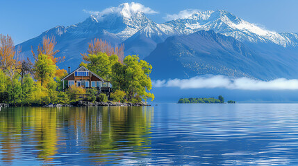 Fototapeta premium Lakeside Cabin with Autumn Trees and Snow-Capped Mountains Reflection..