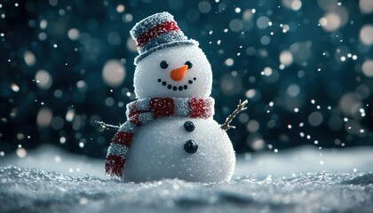 A charming snowman with a scarf and hat surrounded by falling snowflakes in a winter wonderland setting.