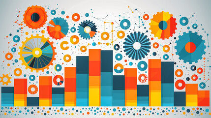 Obraz premium Abstract Data Visualization with Gears, Charts, and Colorful Bars..