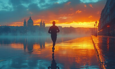 Fototapeta premium Person jogging at sunrise along waterfront, with buildings silhouetted against vibrant sky