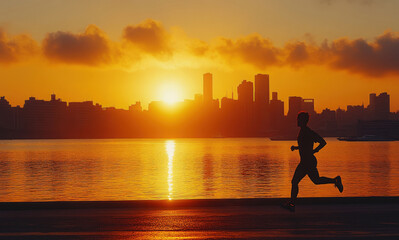 Fototapeta premium Runner enjoying a sunset jog along the waterfront with a city skyline backdrop