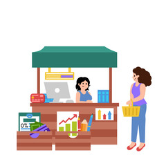 Capital market with financial products with women as seller and buyer. Simple flat vector illustration.