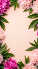 Obraz premium Soft pink peony flowers frame the edges with lush green leaves on a gentle beige backdrop, creating a serene and detailed composition that captures nature's elegance