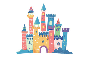 Fototapeta premium Colorful Castle Isolated on Transparent Background, Drawing Fantasy Kingdom