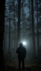 Mysterious Figure Holding Flashlight in Misty Woods