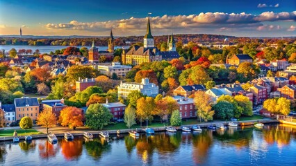 Experience the early fall elegance of Old Town Alexandria from the Potomac River, where the historic district meets vibrant autumn colors and charming architecture.