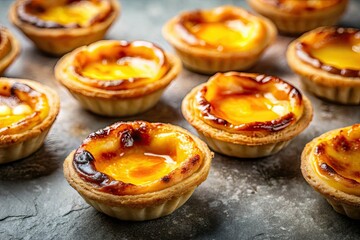 Experience the delight of Pasteis de Nata, classic Portuguese egg tarts with luscious custard, beautifully crafted on a concrete surface for unique presentation.