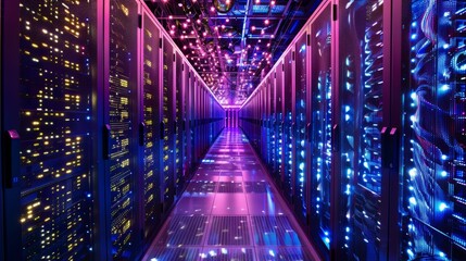 Futuristic Data Center with Vibrant Colored Servers and Glowing Lights in a Technologically Advanced Digital Infrastructure