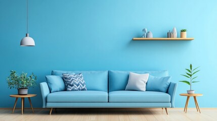 Minimalist Living Room Interior Design with a Blue Sofa and a Blue Wall
