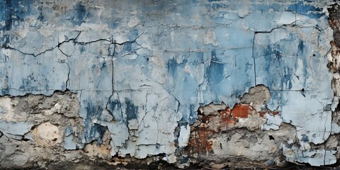 Fototapeta premium A weathered wall reveals layers of time, with peeling paint and cracks forming a mosaic of history.