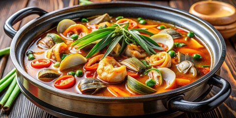 Experience the rich flavors of Dakbokkeumtang with abalone stew in a traditional Korean hot pot, offering a delightful and savory culinary adventure. Enjoy every bite!