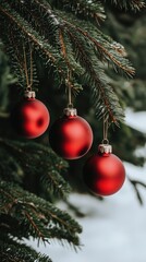 Bright red Christmas ornaments dangle from lush evergreen branches, creating a joyful holiday atmosphere against a beautiful snowy backdrop