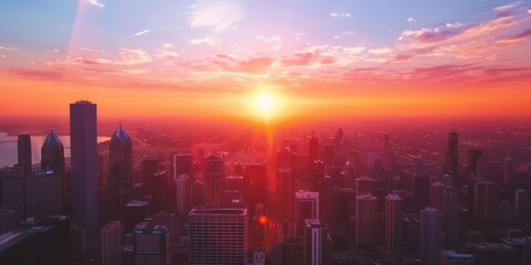 Fototapeta premium Aerial view of a city skyline during sunset.