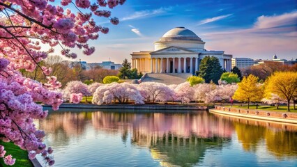 Obraz premium Experience the stunning Cherry Blossom Festival in Washington DC, showcasing Arlington Memorial Bridge and majestic skyscrapers amidst a picturesque spring landscape.