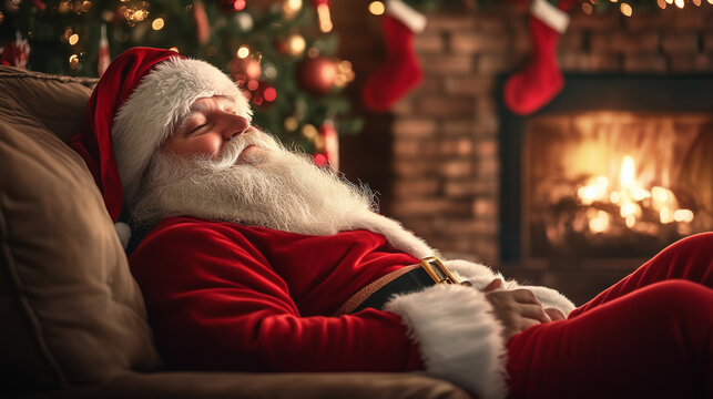 Tired Santa Claus sleeps in armchair at his cozy cottage