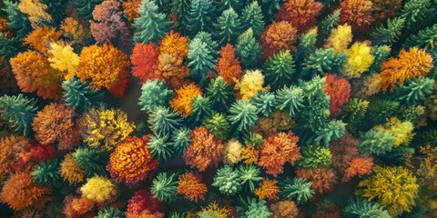 Aerial view of a forest with colorful autumn trees.