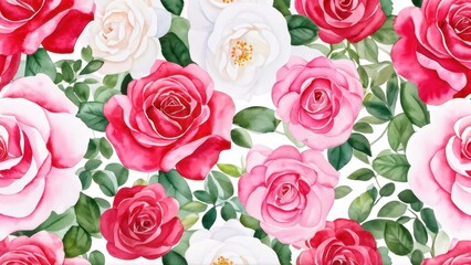 Fototapeta premium A vibrant floral pattern featuring various roses in shades of pink, red, and white.