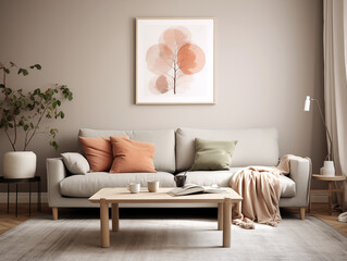 Scandinavian scandi modern minimalist cozy living room interior with fall decor. Neutral walls and couch with terracotta and pastel accents