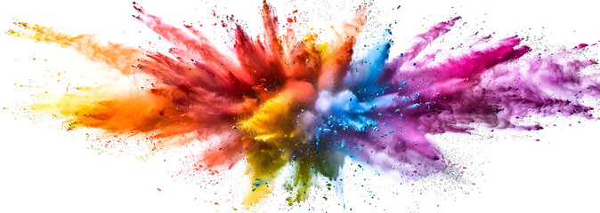 An explosion of bright rainbow colors on white, isolated in a wide panorama with holi paint color powder in the background