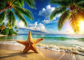 Fototapeta na wymiar Experience vibrant summer vibes with a tropical travel banner featuring starfish on a sandy beach, surrounded by palm trees and gently crashing ocean waves.
