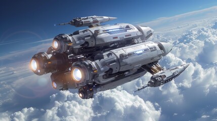 Futuristic Spacecraft Soaring Through Clouds in Outer Space Adventure
