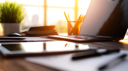 Modern office desk with laptop, tablet, and supplies in warm natural sunlight, fostering productivity in a contemporary workspace.