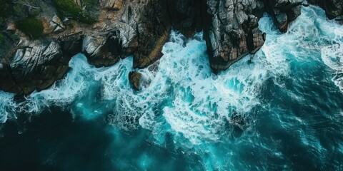 Aerial view of waves crashing on rocky cliffs by the sea.