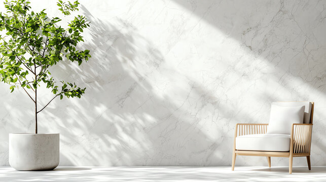 Minimalist room with a wicker chair and potted plant against a sunlit marble wall, creating a peaceful and elegant ambiance.