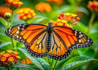 Fototapeta premium Aerial View of Monarch Butterfly on Vibrant Orange Flower for Nature and Wildlife Photography