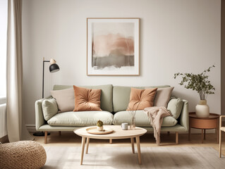 Scandinavian scandi modern minimalist cozy living room interior with fall decor. Neutral walls and couch with orange pillows