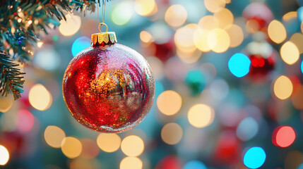 Fototapeta premium Sparkling red ornament hanging from a Christmas tree on a festive Christmas Eve night