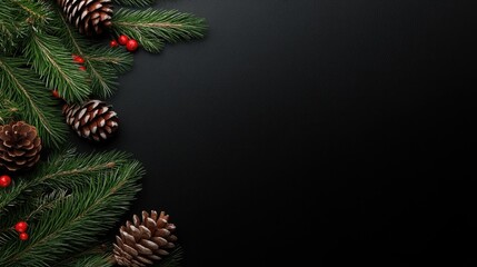 This high-resolution mobile wallpaper captures a beautiful arrangement of pine cones and vibrant red berries set against a sleek black background, ideal for the holiday season