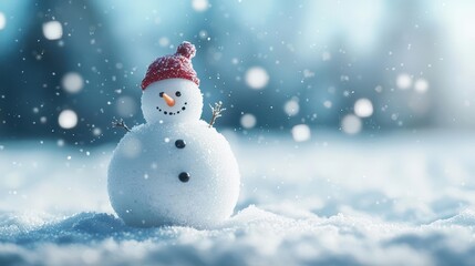 Fototapeta premium Cheerful snowman in a snowy landscape, surrounded by softly falling snowflakes.
