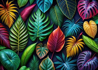 Naklejka premium Explore a tropical leaf collection with minimalist art styles, beautifully contrasted against dark backgrounds, creating striking patterns and an atmosphere of refined sophistication.