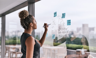 Business, woman and writing on glass wall at work with sales stats, company budget strategy and kpi growth. Financial analyst, employee and person with performance numbers and data analysis in office