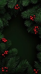 The composition features lush pine branches with vibrant red berries against a dark green background, enhanced by twinkling lights, creating a warm holiday atmosphere